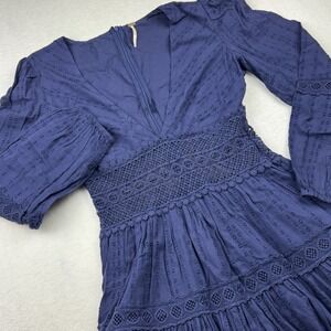 Free People Delightful Clip Dot Mini Dress Sz‎ 2 Long Sleeve Navy Blue Lace